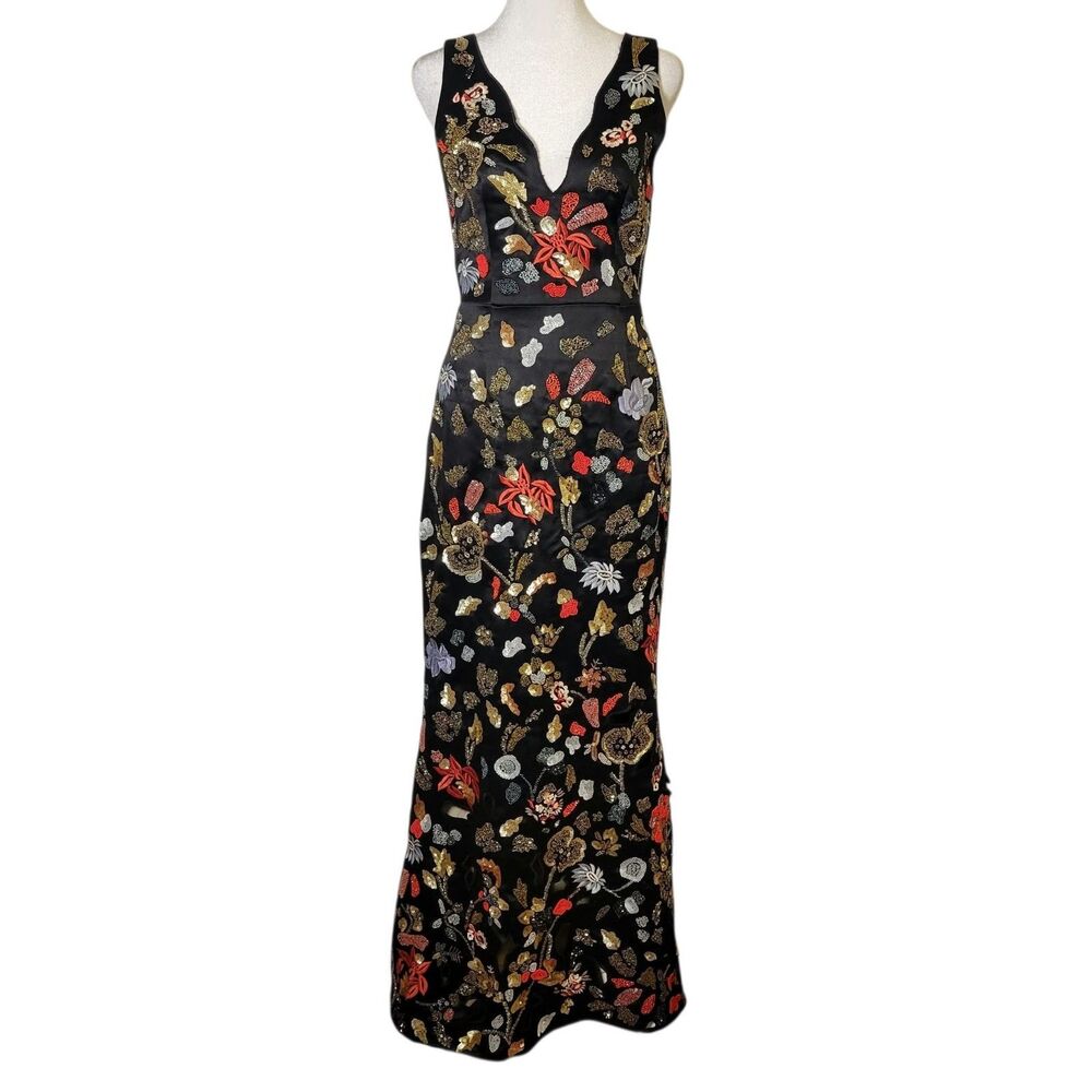 Alice + Olivia Beaded Floral Embroidered Mermaid Evening Gown Dress 4 Luxury Max
